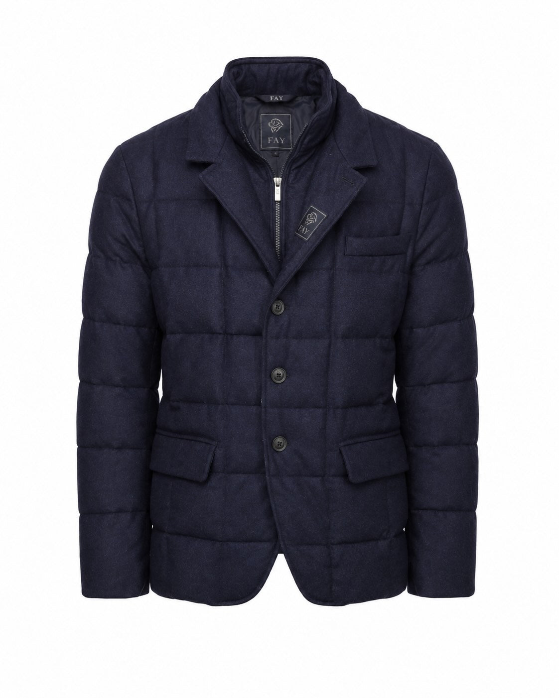 Stand-collar jacket in virgin wool with down filling