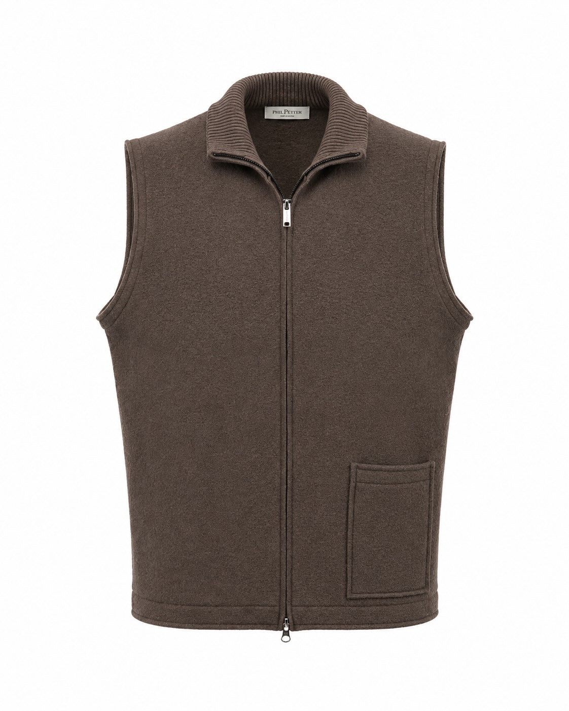 Brown merino wool vest with stand-up collar