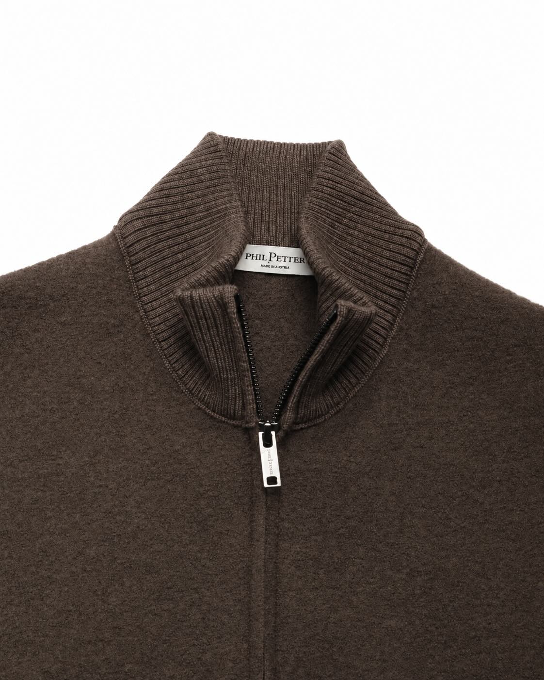 Brown merino wool vest with stand-up collar