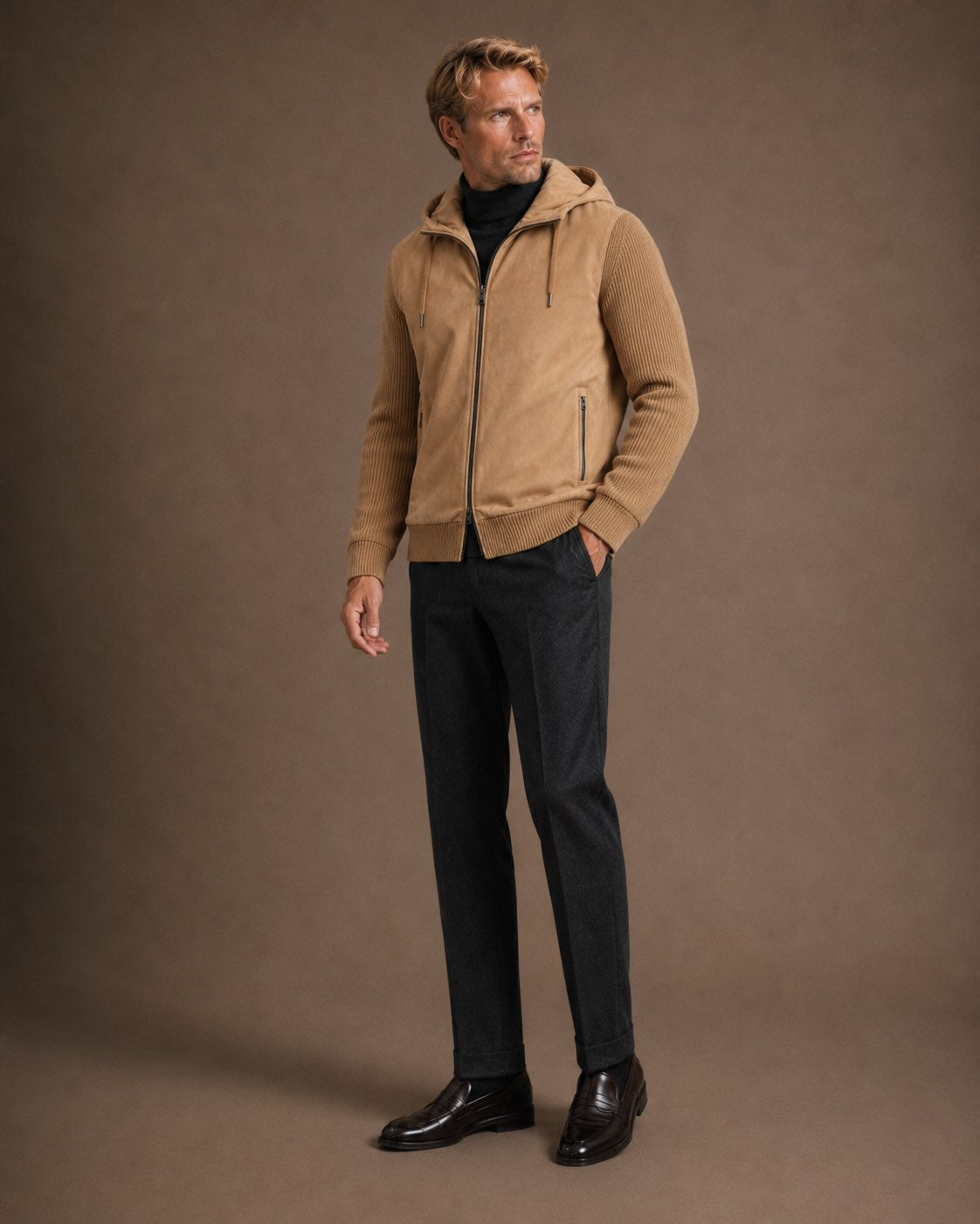 Strickjacke aus Wolle mit Velourslederoptik