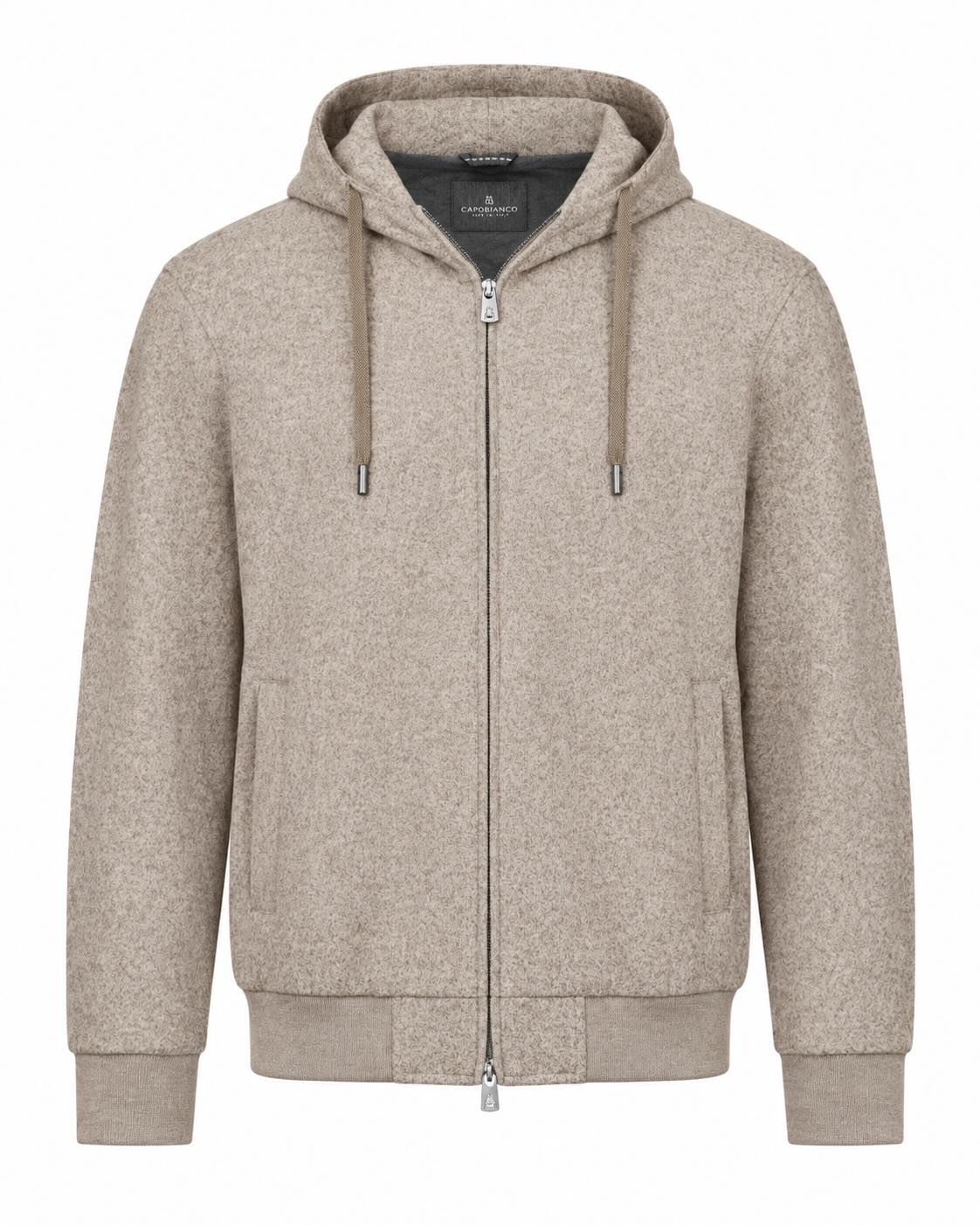 Hooded jacket in cotton and wool in beige