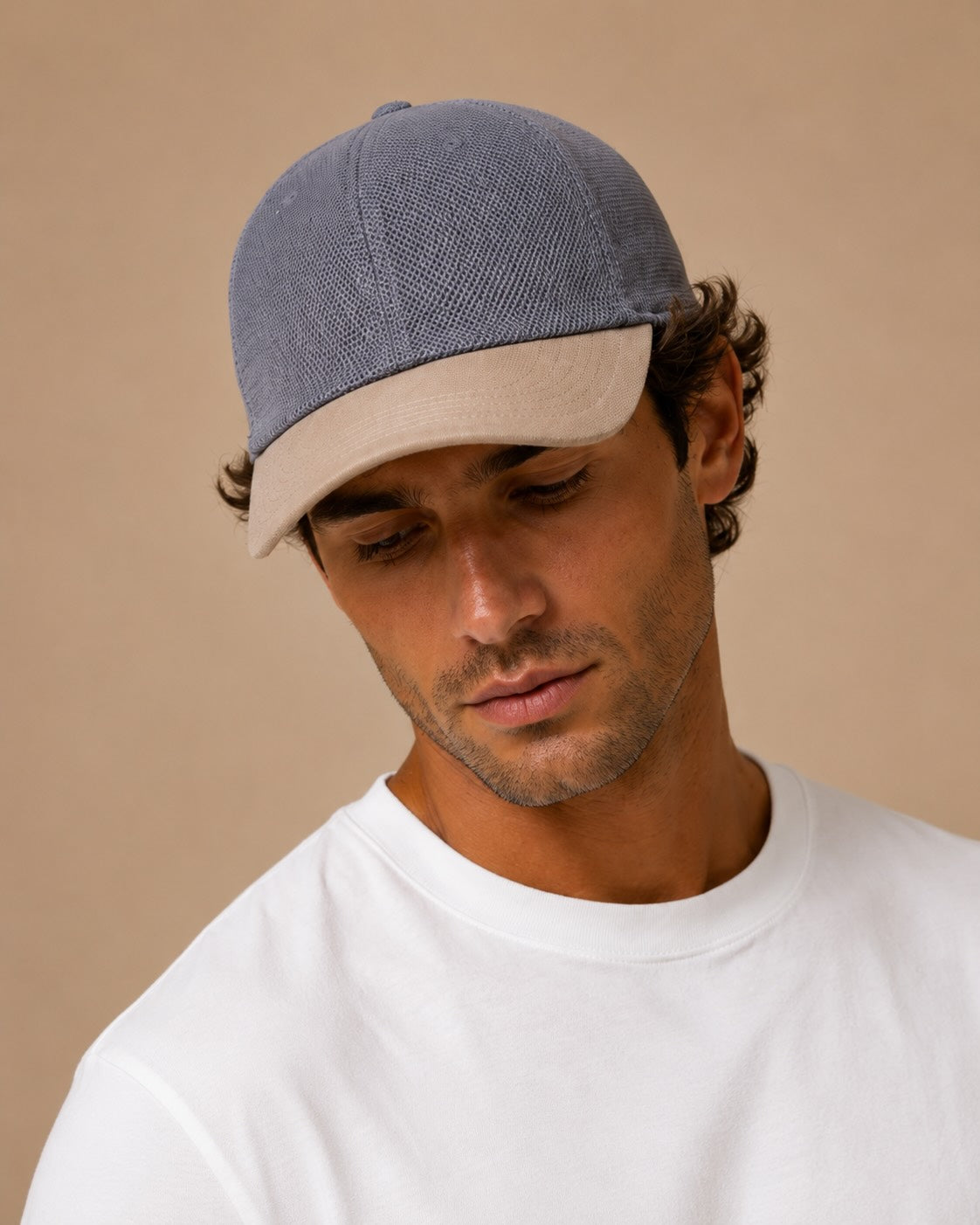 Linen-silk baseball cap with leather details