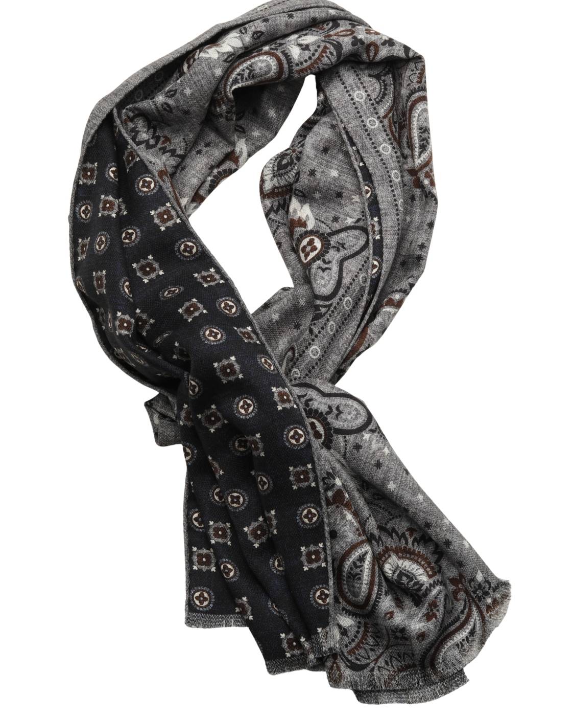 Grauer Seidenschal SALINA mit Paisley- und Medaillonmuster