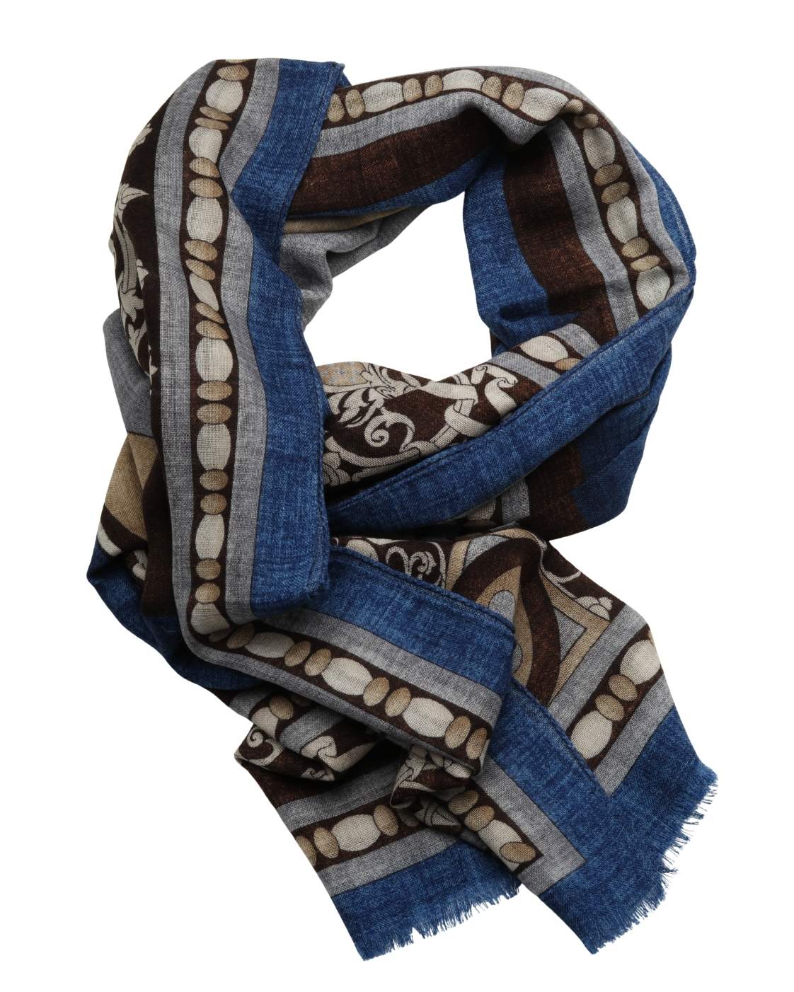 Blue wool scarf GRAZ with ornamental border pattern