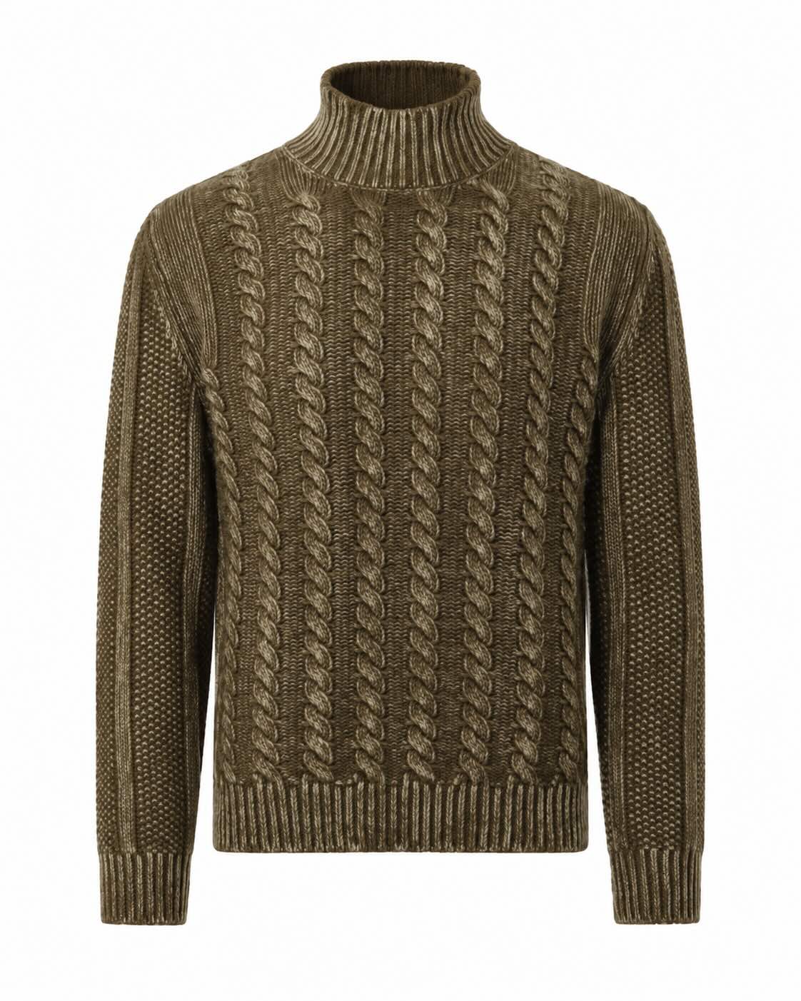 Olivbrauner Rollkragenpullover aus Wolle mit Zopfmuster