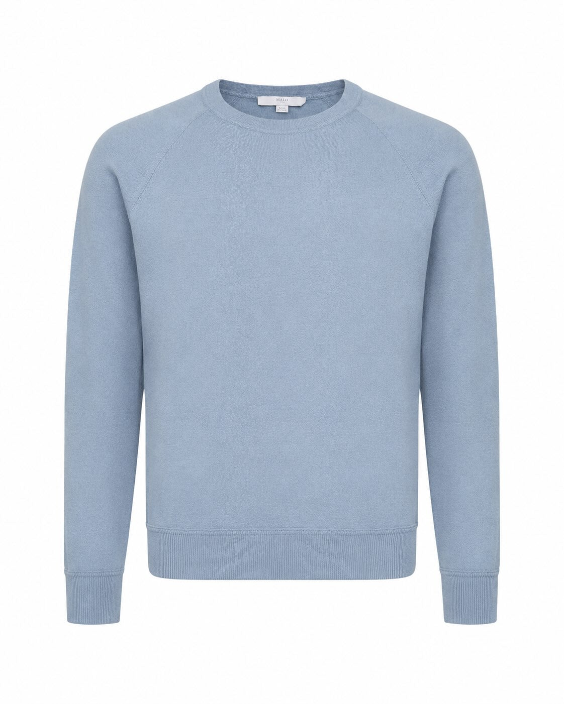 Light blue cashmere round neck sweater with raglan sleeves