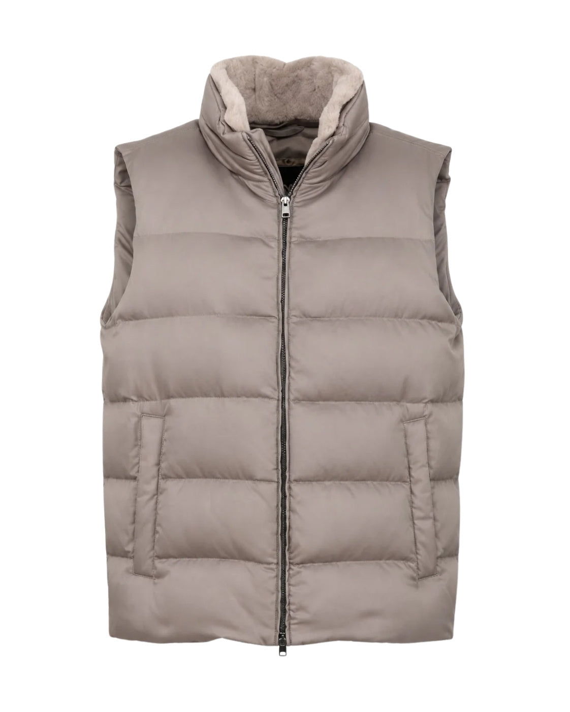 Quilted Gilet with Fur Collar in Beige