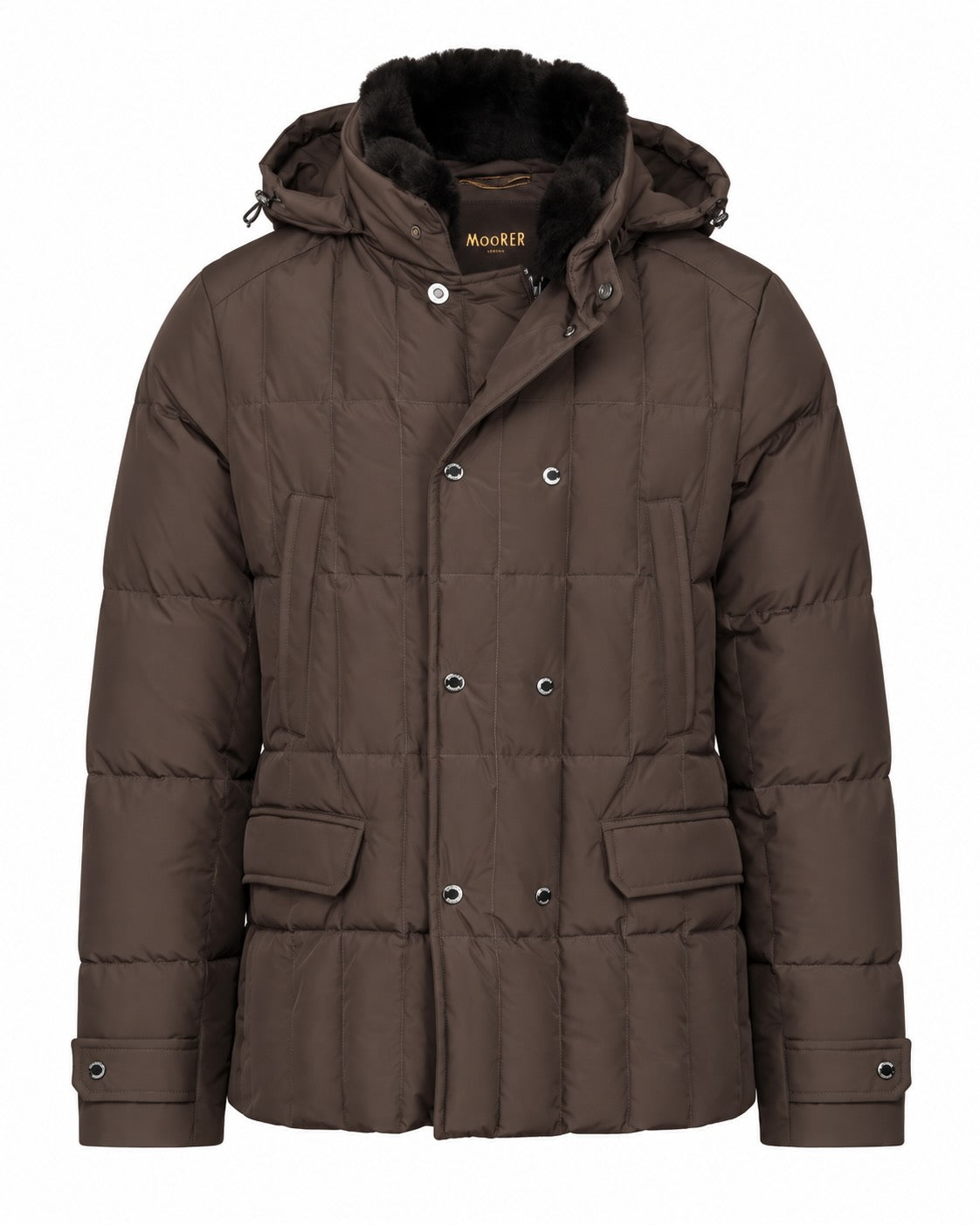 Daunen-Pufferjacke in Dunkelbraun mit Kapuze